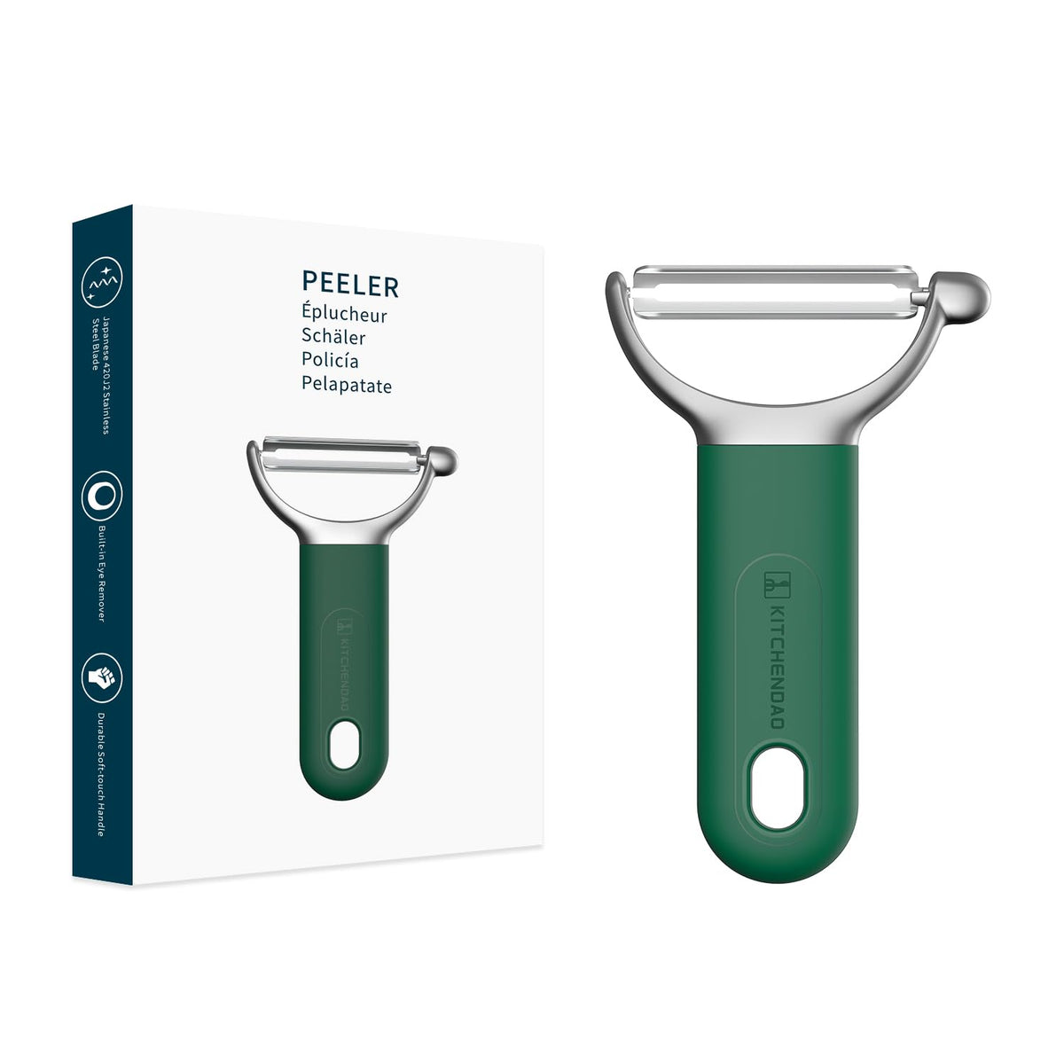 KITCHENDAO Swivel Vegetable Potato Peeler for Kitchen, Japanese Stainless Steel Sharp Blade, Heavy Duty Die-cast Construction Y Peeler, Built-in Eye Remover, Soft-touch Handle, Dishwasher Safe, Green