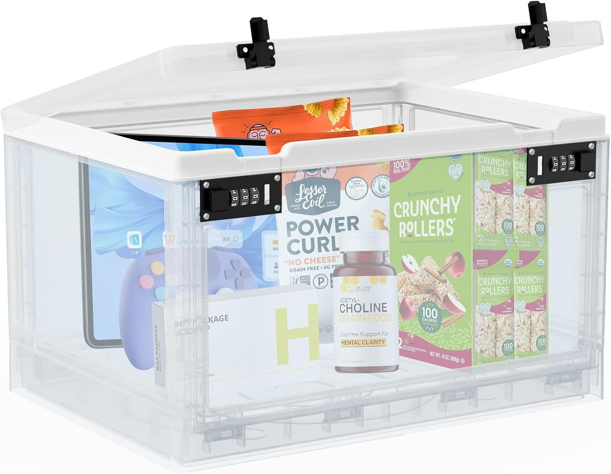 Large Medicine Lock Box for Safe Medication, 24 Litre Locked Medicine Box with Combination Code, Hygienic Lockable Storage Box for Snacks/Food/Electronic/Fridge/Personal Items Stackable Clear