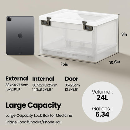 Large Medicine Lock Box for Safe Medication, 24 Litre Locked Medicine Box with Combination Code, Hygienic Lockable Storage Box for Snacks/Food/Electronic/Fridge/Personal Items Stackable Clear