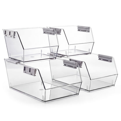 HOMESTEAD Set of 4 Stackable Storage Bins, 2 Large + 2 Small Clear Plastic Organizer Bins, Open Front Design for Kitchen Pantry, Fridge, Cabinet, Bathroom Organization and Snack Storage