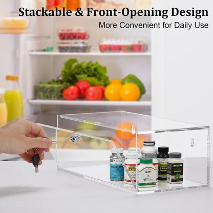 JUXYES Acrylic Clear Refrigerator Medicine Organizer Box with Lid and Lock