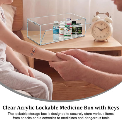 JUXYES Acrylic Clear Refrigerator Medicine Organizer Box with Lid and Lock