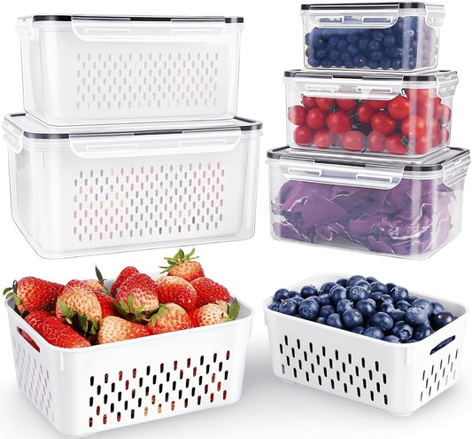 4 Piece Fruit Storage Containers for Fridge, Produce Keeper with Removable Colander, Leakproof Food Storage Boxes, Refrigerator Organizer for Berries, Fruits, Vegetables, Salad and Lettuce