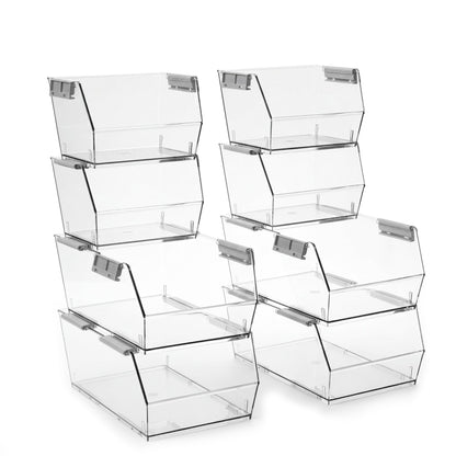 HOMESTEAD Set of 4 Stackable Storage Bins, 2 Large + 2 Small Clear Plastic Organizer Bins, Open Front Design for Kitchen Pantry, Fridge, Cabinet, Bathroom Organization and Snack Storage