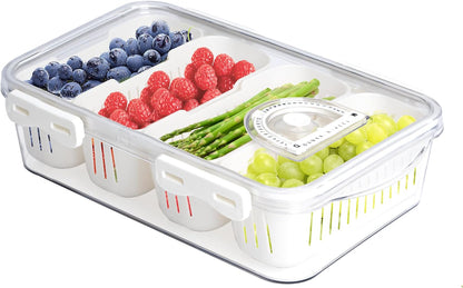 MANO Divided Snackle Box Charcuterie Container with 4 Compartment Serving Tray with Dividers for Fridge Refrigerator Veggie Fruit Berry Salad Storage(1 Pack)