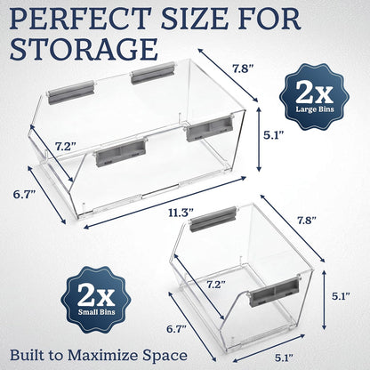HOMESTEAD Set of 4 Stackable Storage Bins, 2 Large + 2 Small Clear Plastic Organizer Bins, Open Front Design for Kitchen Pantry, Fridge, Cabinet, Bathroom Organization and Snack Storage