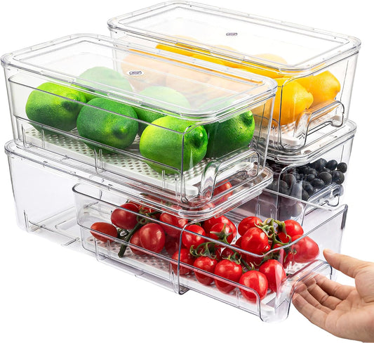 Imncya Clear Fridge Organizer, 4-Pack Stackable Refrigerator Storage Bins