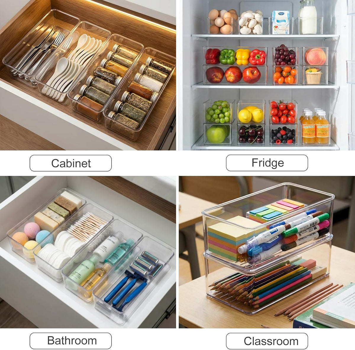 Hudgan 4 Clear Pantry Organizer Bins for Kitchen Drawer, Refrigerator