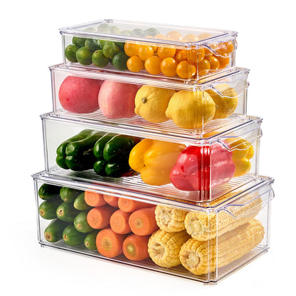 4 Piece Refrigerator Organizer Bins, Clear Fridge Organizers with Lids