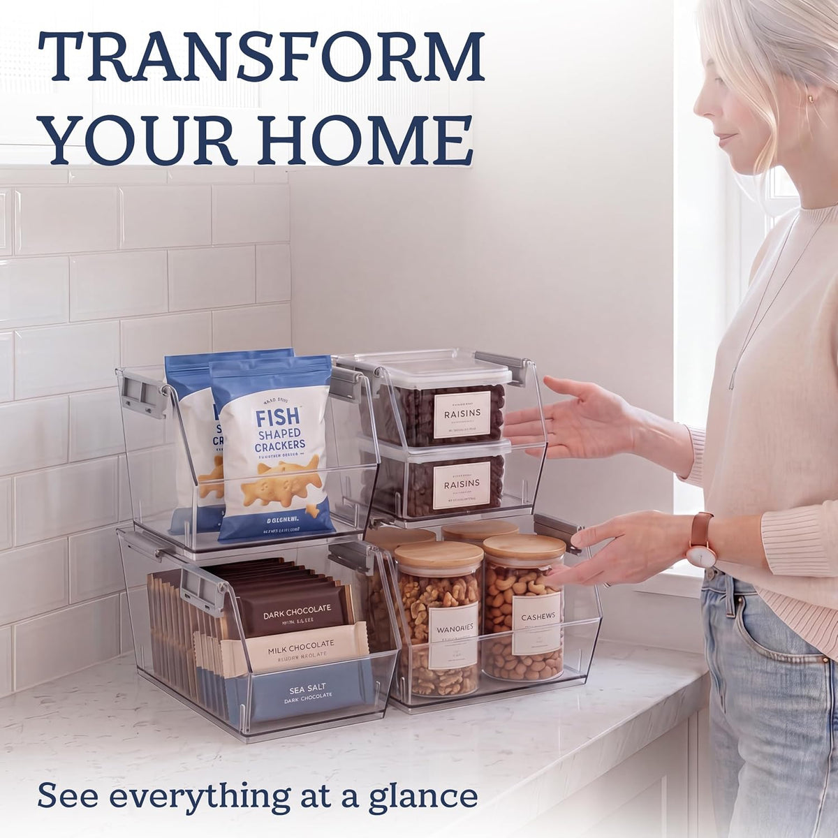 HOMESTEAD Set of 4 Stackable Storage Bins, 2 Large + 2 Small Clear Plastic Organizer Bins, Open Front Design for Kitchen Pantry, Fridge, Cabinet, Bathroom Organization and Snack Storage
