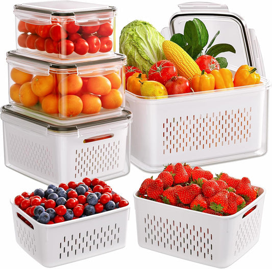 5-Pack Fruit Storage Containers for Fridge with Removable Colanders, 4 in 1 Produce Storage Containers with Lids, Leakproof Fridge Organizer Bins for Salad Berry Lettuce Vegetables Meat Keeper Fresh